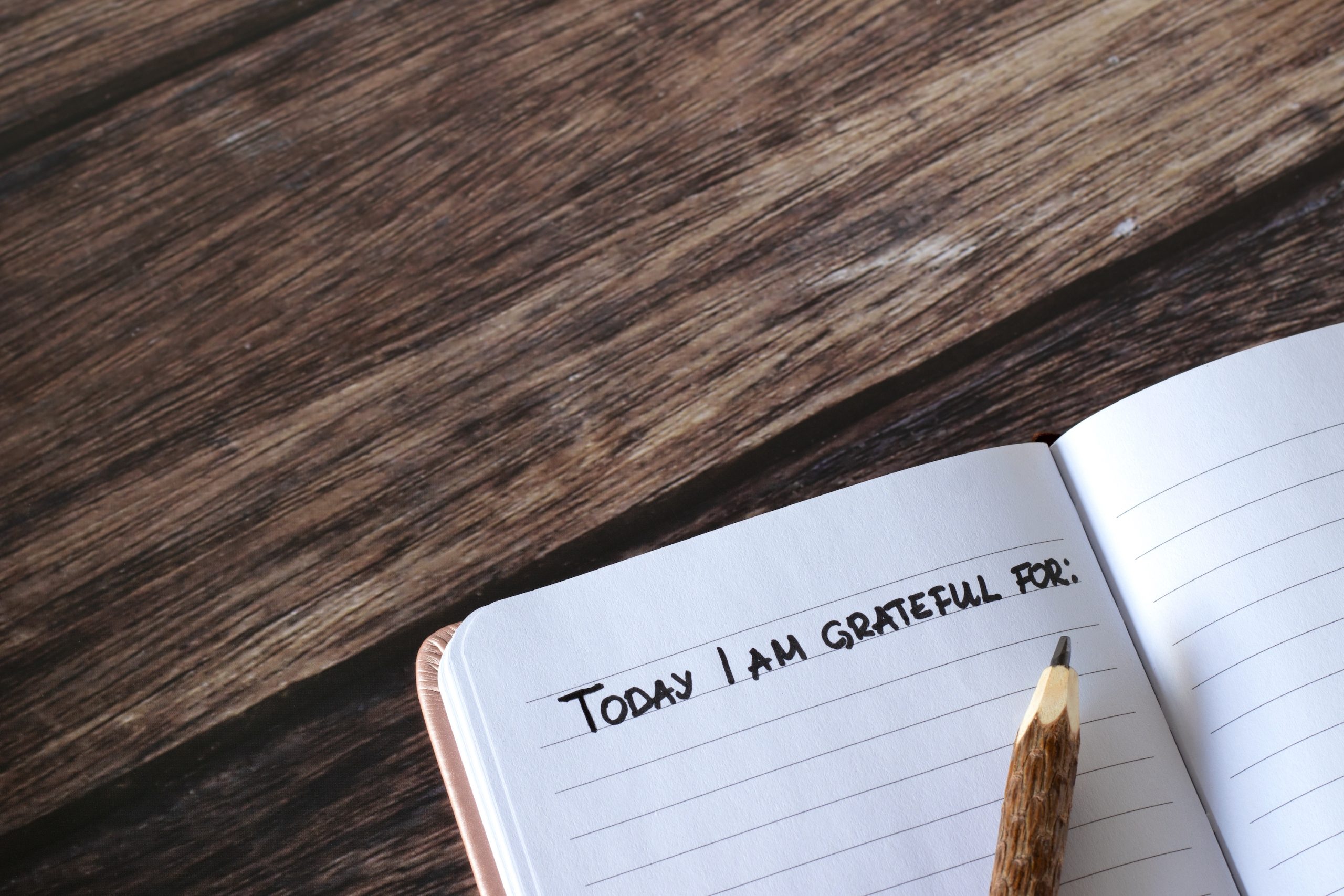 Open journal with handwritten text for gratitude and thanksgiving and pencil on wooden table. Top view, copy space. Giving thanks for blessings in personal notebook.